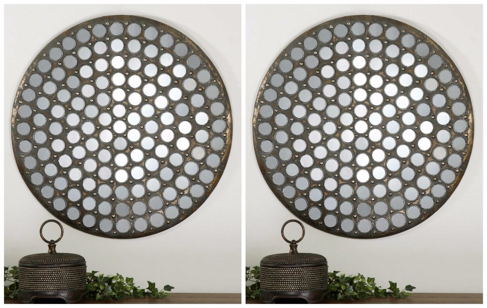 Two Rich Small Round Mirrors Set In Aged Metal Finish Frame Wall Art Inside Small Metal Wall Art (View 15 of 15)