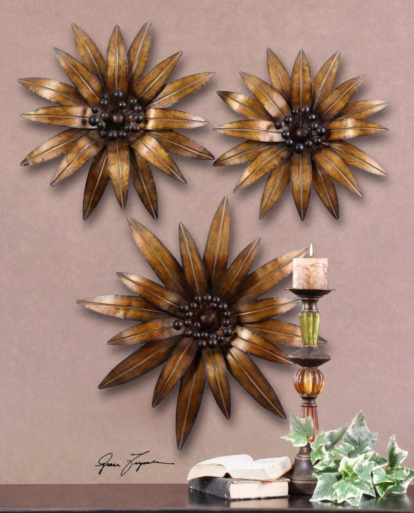 Uttermost Antiqued Gold Gazanias Set Of 3 Flower Metal Wall Art Inside Gold And Black Metal Wall Art (View 12 of 15)