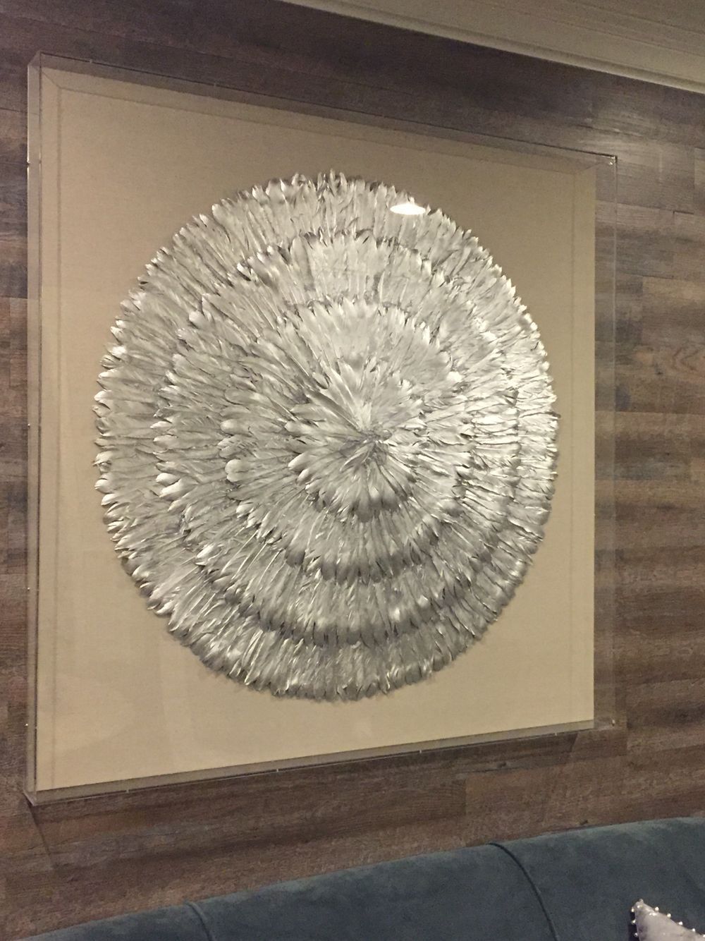 Wall Art – Linen With Silver Flower Made Of Feathers Under Plexiglass Inside Sunflower Metal Framed Wall Art (View 14 of 15)
