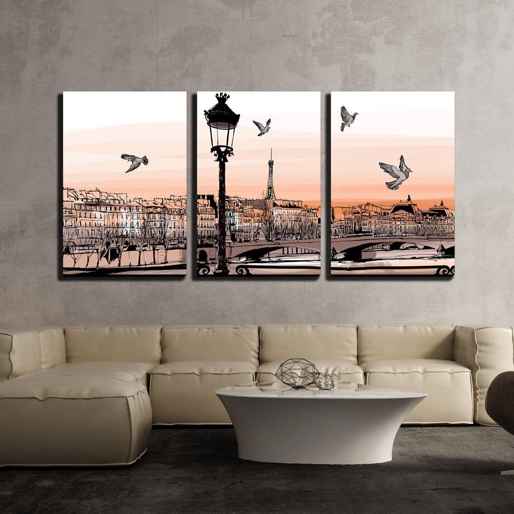Wall26 3 Piece Canvas Wall Art – Vector – Sunset On Seine River From Pertaining To Sunset Wall Art (View 2 of 15)
