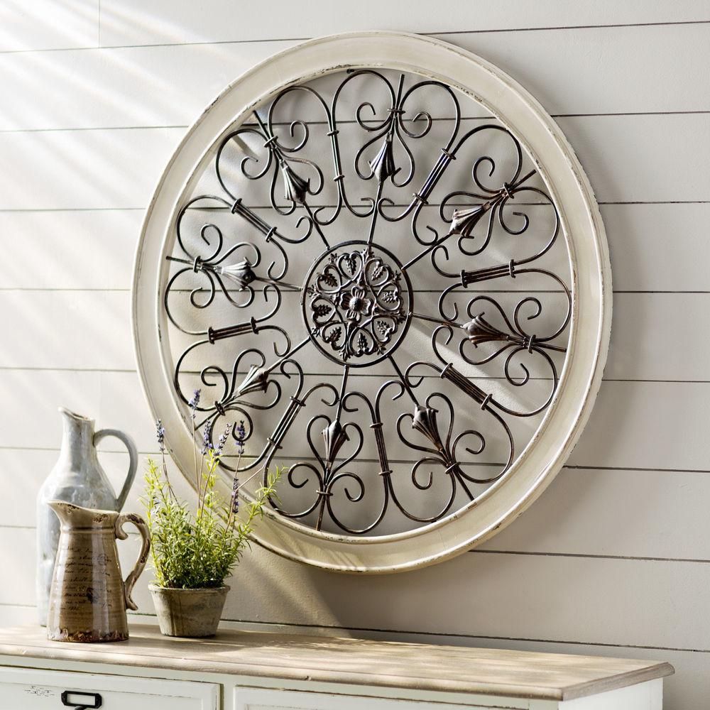 White Round Wrought Iron Wall Decor Rustic Scroll Antique Pertaining To Glossy Circle Metal Wall Art (View 2 of 15)