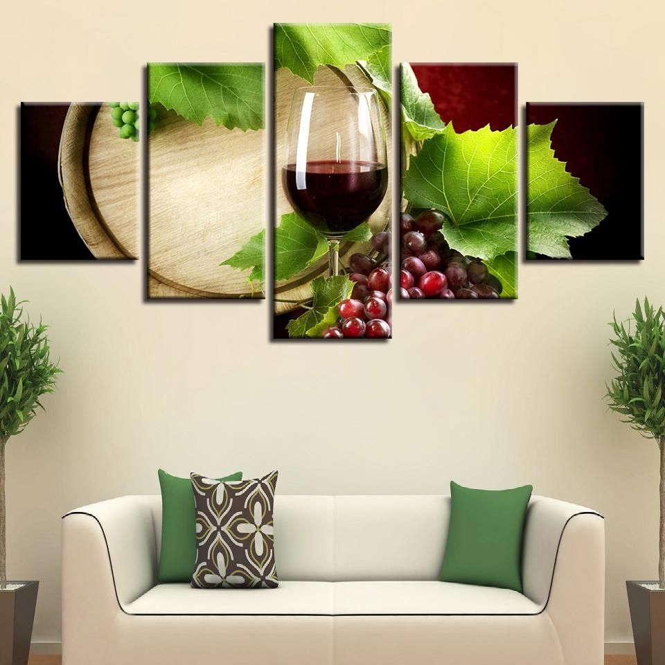 Wine Grapes Leaf Wall – Wine 5 Panel Canvas Art Wall Decor – Canvas Storm With Grapes Wall Art (View 6 of 15)