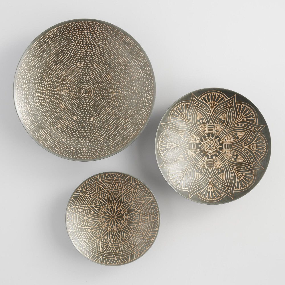 Zinc And Gold Metal Etched Disc Wall Art Set Of 3 | World Market | 壁, 食器 Within Brushed Gold Wall Art (View 9 of 15)