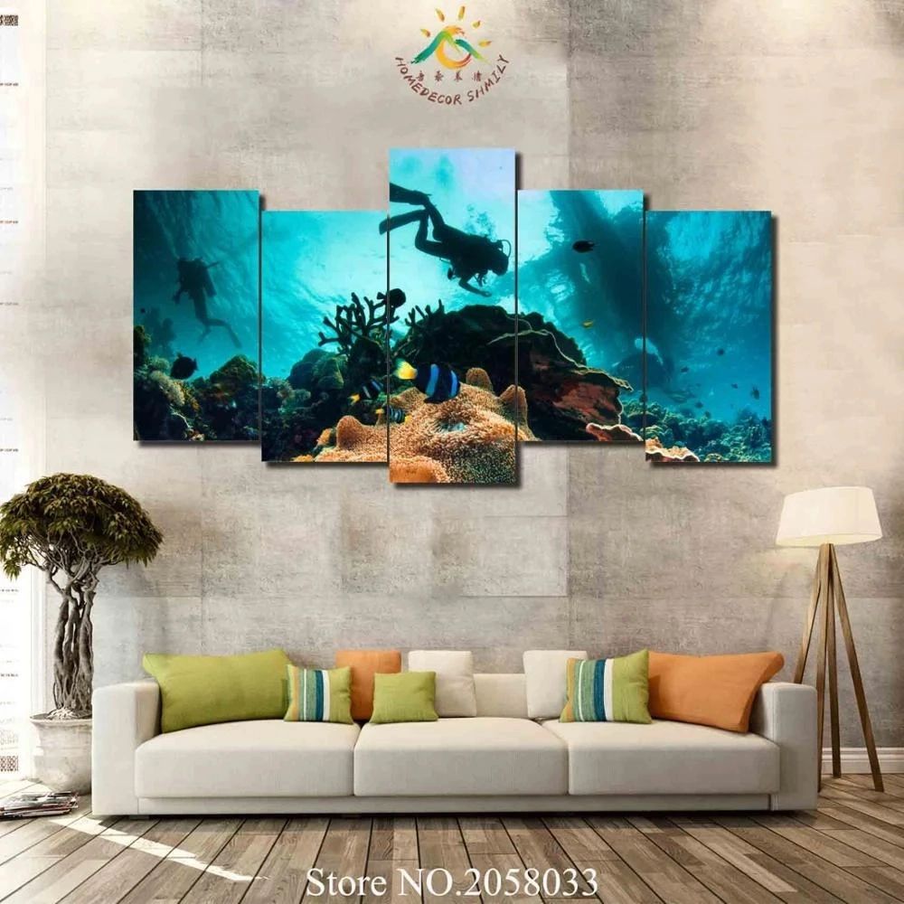3 4 5 Pieces Diving Underwater Wall Art Paintings Wall Art Pictures Canvas  Picture For Living Room Printed Canvas Hd Painting – Painting & Calligraphy  – Aliexpress Within Underwater Wall Art (View 9 of 15)