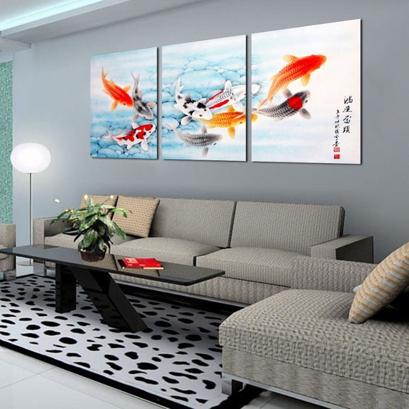 3 Piece Koi Fish Wall Art Chinese Painting Wall Art On Canvas Home Decor  Modern Wall Picture For Living Room – Painting & Calligraphy – Aliexpress Throughout Koi Wall Art (View 8 of 15)