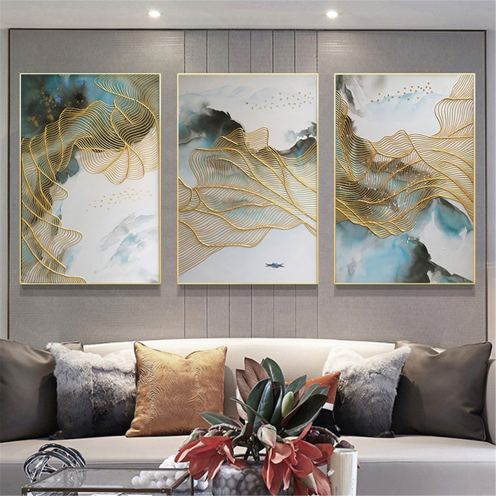 3 Pieces Gold Lines Abstract Painting On Canvas Framed Wall – Etsy With Line Abstract Wall Art (View 2 of 15)