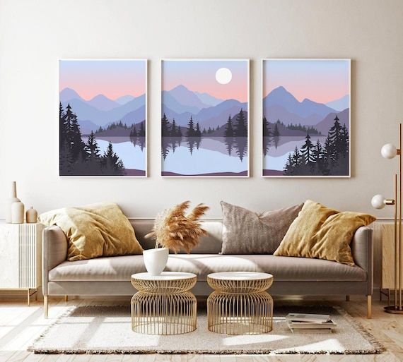 Abstract Mountain Lake Print Set Of 3 Blue Grey Peach – Etsy France In Mountain Lake Wall Art (View 1 of 15)