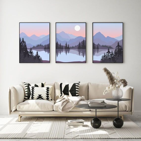 Abstract Mountain Lake Print Set Of 3 Blue Grey Peach – Etsy France Throughout Mountain Lake Wall Art (View 5 of 15)