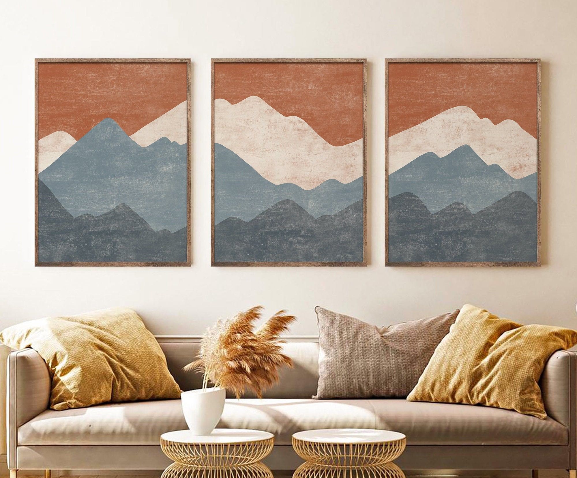 Abstract Mountain Print Set Of 3 Mid Century Modern Blue – Etsy Pertaining To Abstract Terracotta Landscape Wall Art (View 5 of 15)