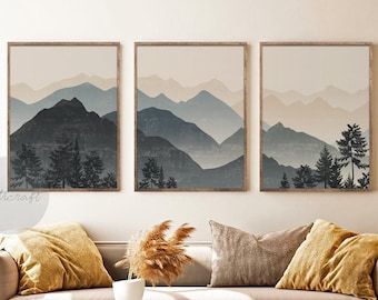 Abstract Mountain Print Set Of 3 Minimal Blue Mountain – Etsy In Mountains Wall Art (View 1 of 15)