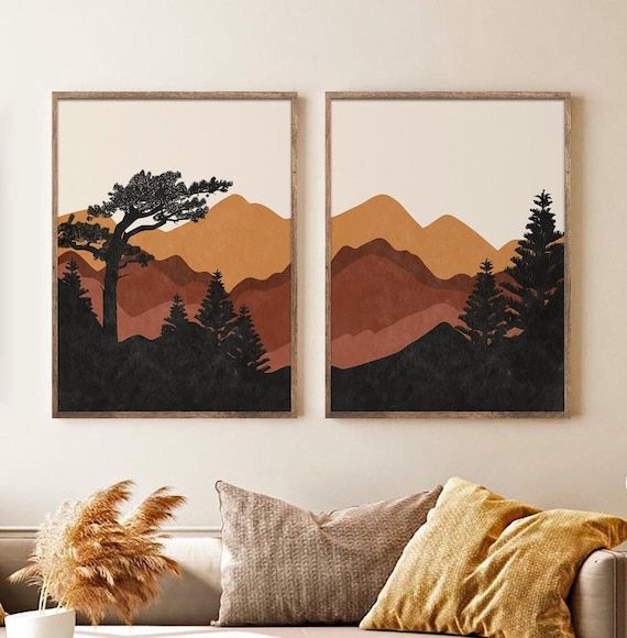 Abstract Mountain Wall Art Set Of 2 Prints Mid Century Modern – Etsy Denmark For Abstract Terracotta Landscape Wall Art (View 6 of 15)