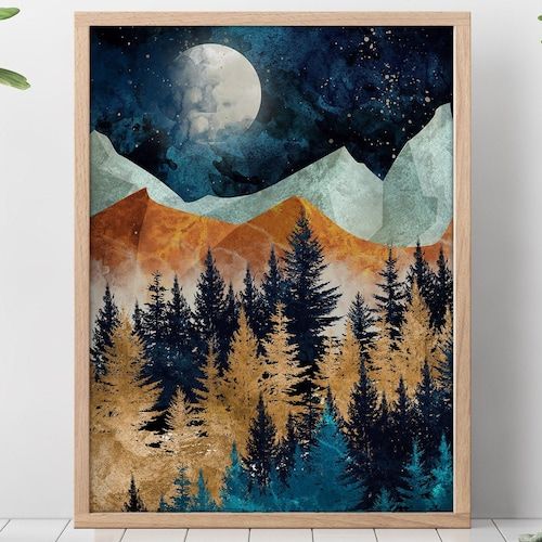 Abstract Night Time Landscape Art Mountains Wall Art Hills – Etsy With Regard To Mountains And Hills Wall Art (View 10 of 15)