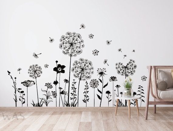 Black Dandelion Wall Stickers Flower Wall Decals Removable – Etsy In Flying Dandelion Wall Art (View 7 of 15)