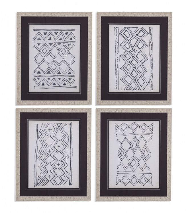 Black & White Tribal Design Framed Under Glass 4pc Wall Art Within Tribal Pattern Wall Art (View 14 of 15)