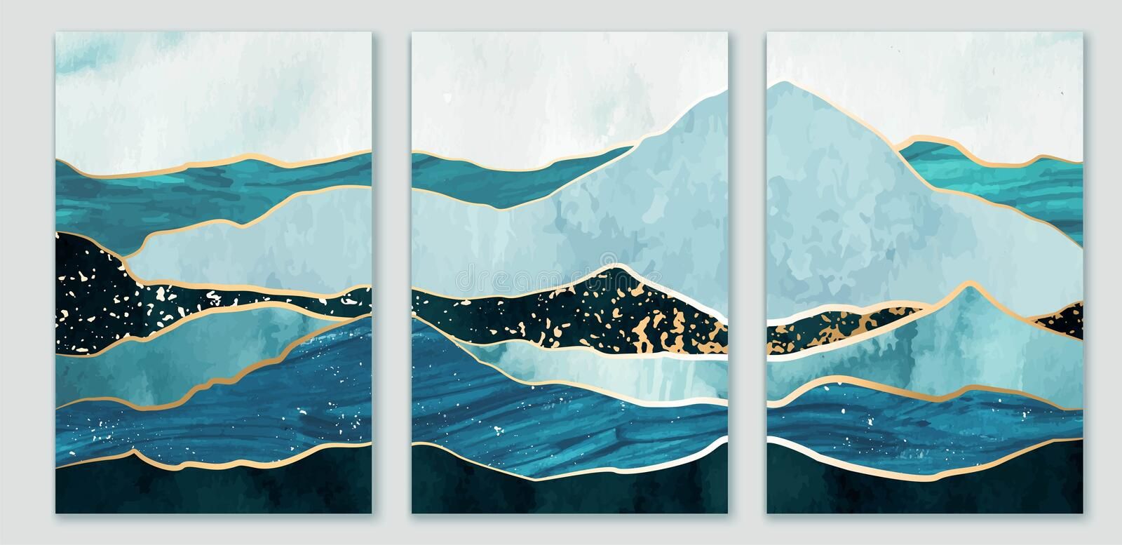 Blue And Gold Mountain, Hills, Sea Wall Art Triptych (View 5 of 15)