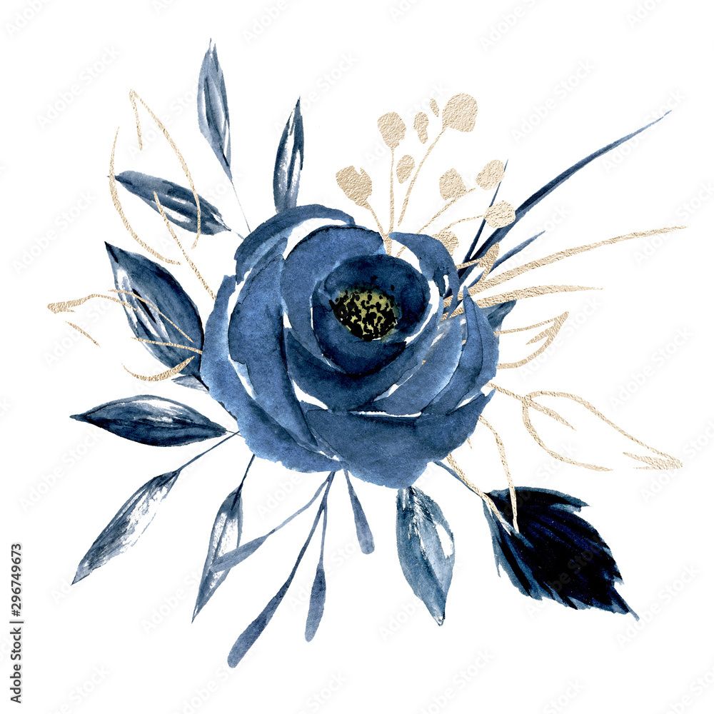 Blue Flower Watercolor With Gold Leaf, Floral Clip Art. Bouquet Roses  Perfectly For Printing Design On Invitations, Cards, Wall Art And Other.  Isolated On White Background. Hand Painting (View 11 of 15)