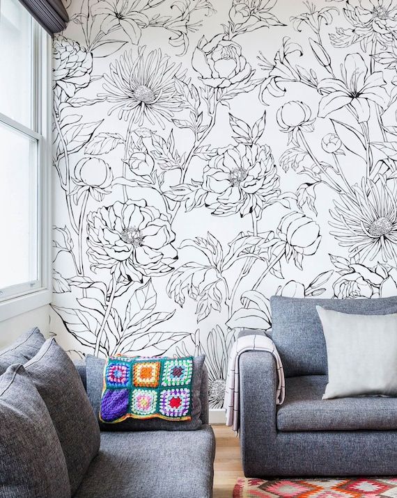 Botanical Garden Hand Drawn Flowers Accent Mural Wallpaper – Etsy Within Hand Drawn Wall Art (View 1 of 15)