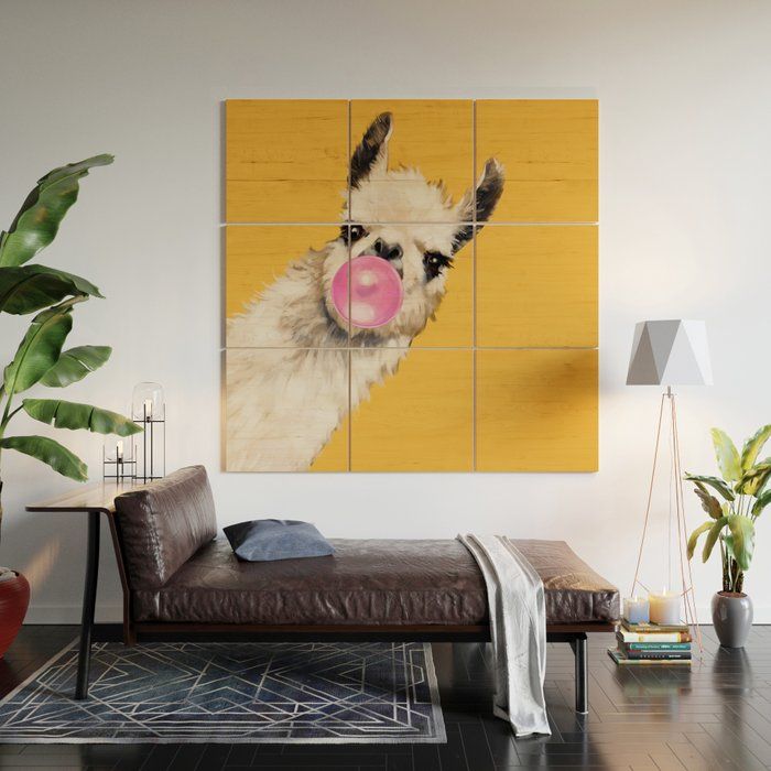 Bubble Gum Sneaky Llama In Yellow Wood Wall Artbig Nose Work | Society6 For Bubble Gum Wood Wall Art (View 1 of 15)