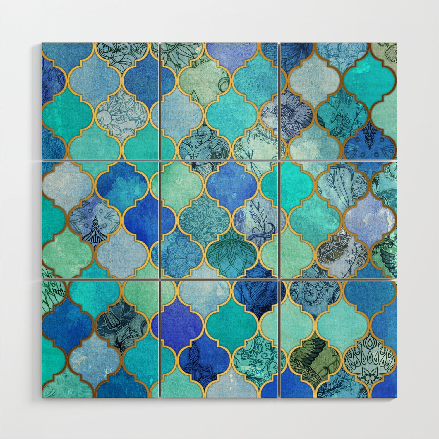 Cobalt Blue, Aqua & Gold Decorative Moroccan Tile Pattern Wood Wall Art Micklyn | Society6 In Gold And Teal Wood Wall Art (View 7 of 15)