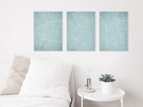 Cool Light Blue Wall Art Set Di 3 Linee Art Astratto Wall – Etsy Italia For Soft Blue Wall Art (View 2 of 15)