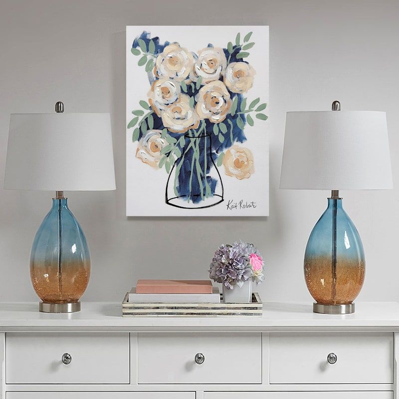 Cream/blue Floral Canvas Wall Art, 12x16 | At Home Throughout Cream Wall Art (View 12 of 15)