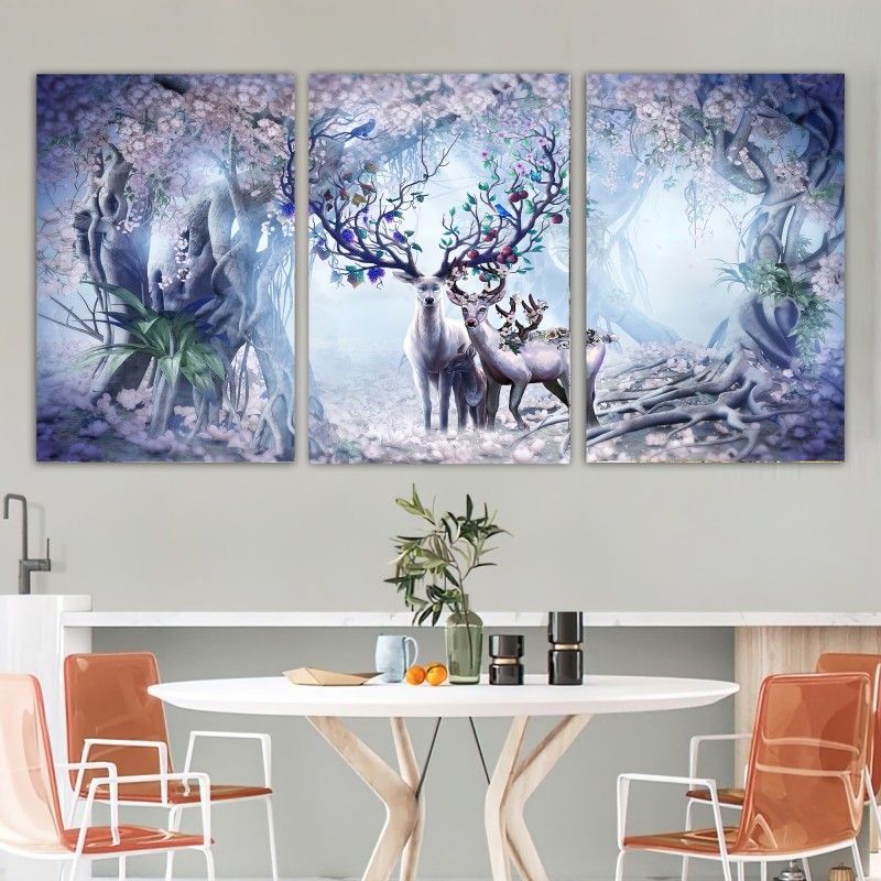 Deer Family Canvas , Forest Wall Art , Colorful Family Painting , Pink  Flowers , Nature Canvas Art , Living Room Wall Art , 3 Piece With Forest Wall Art (View 11 of 15)