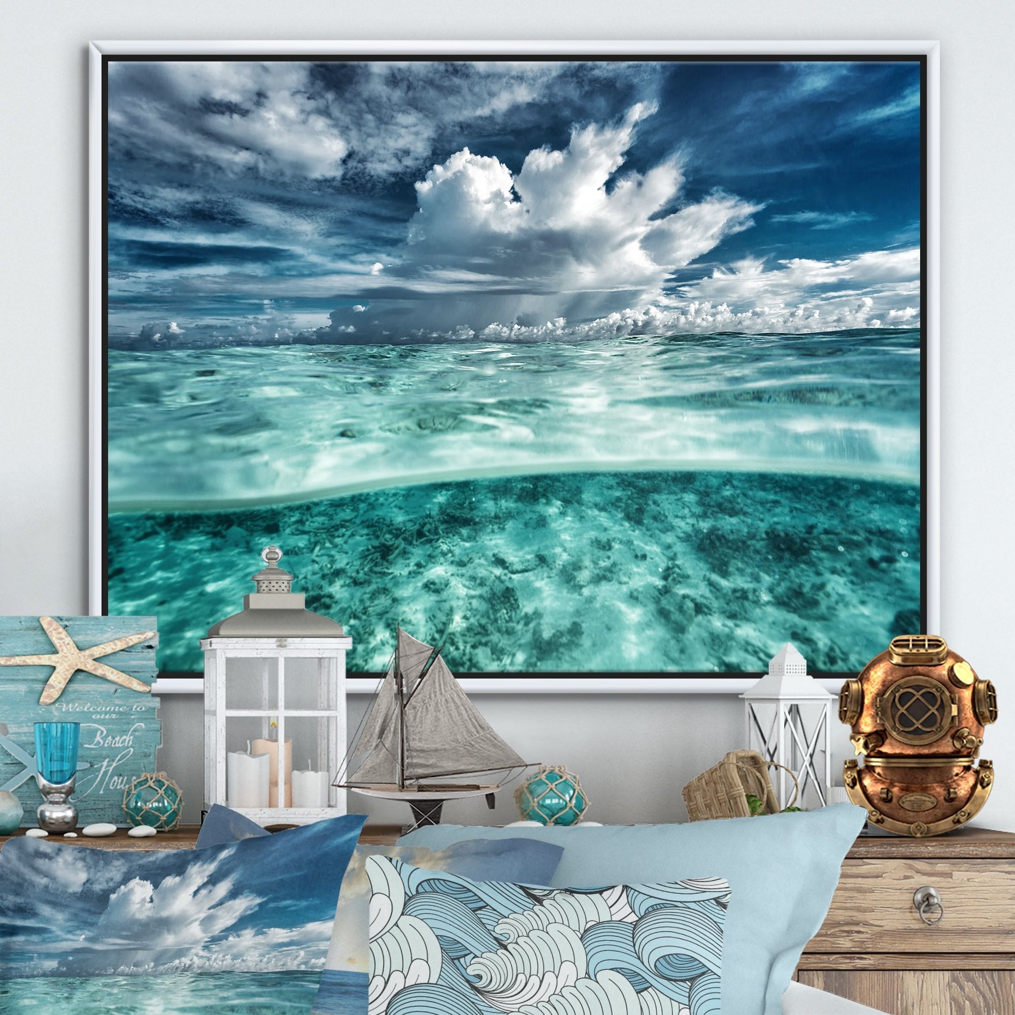 Designart 'amazing Underwater Seascape And Clouds' Nautical &  Coastal Framed Canvas Wall Art Print – Overstock – 32594998 With Underwater Wall Art (View 7 of 15)