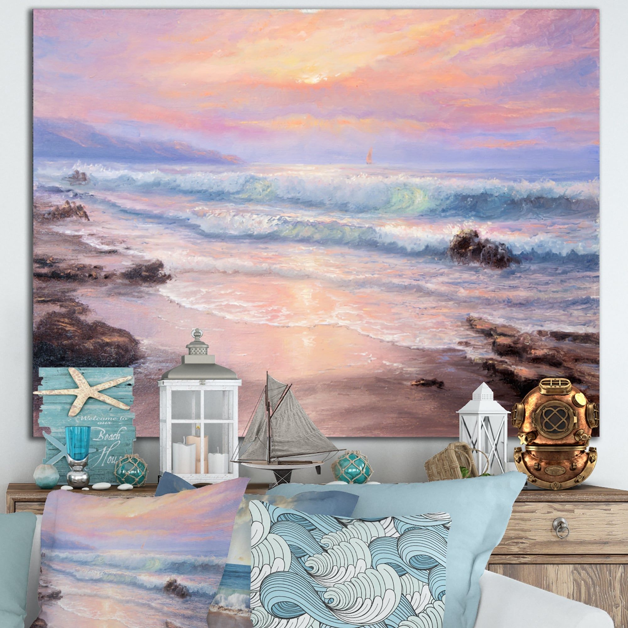 Designart 'pastel Purple Sunset Over Incoming Ocean I' Nautical &  Coastal Canvas Wall Art Print – Overstock – 32364267 Within Pastel Sunset Wall Art (View 11 of 15)