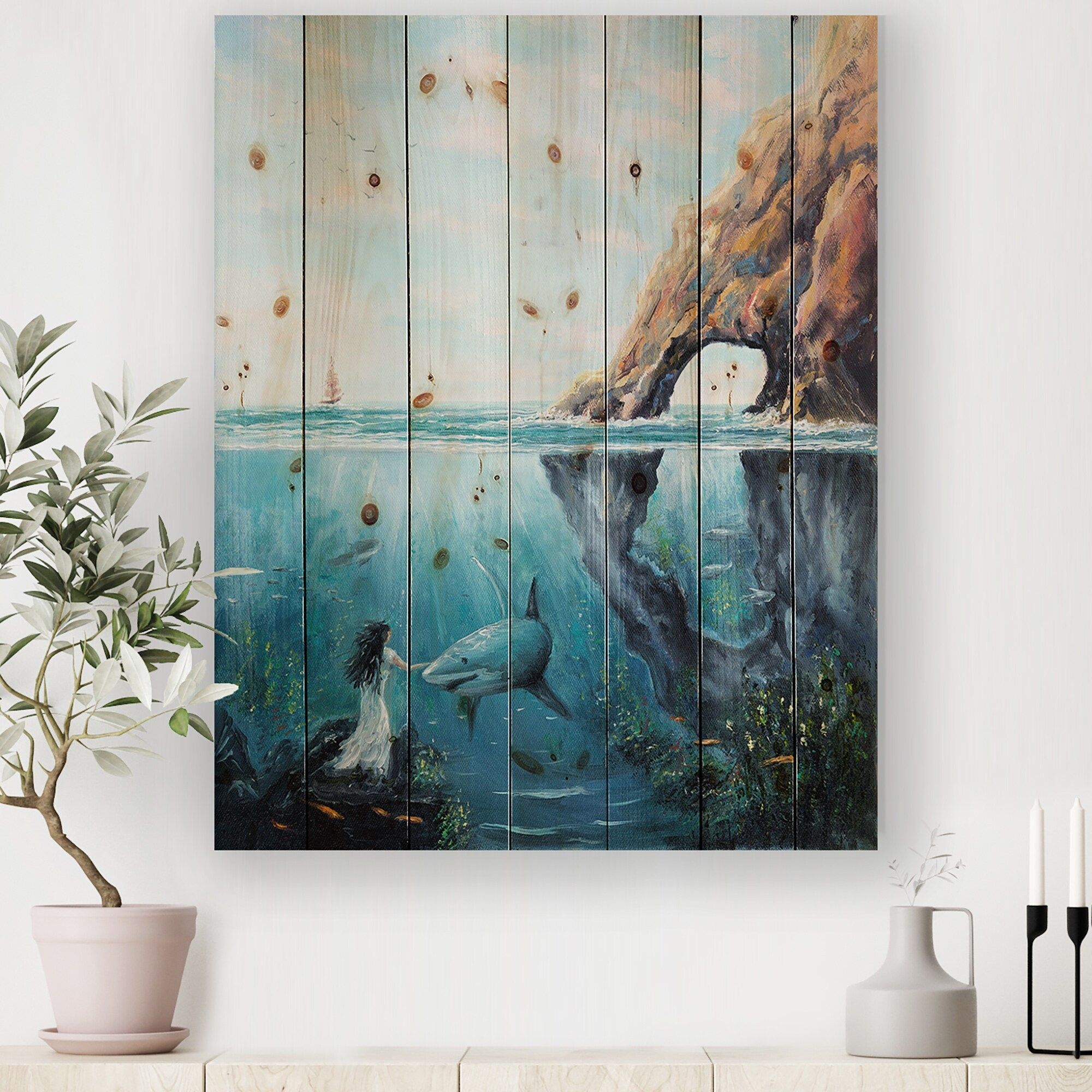 Designart 'underwater Fairy And Shark Ocean And Mountain World'  Nautical & Coastal Print On Natural Pine Wood – Overstock – 32610234 Inside Underwater Wood Wall Art (View 5 of 15)