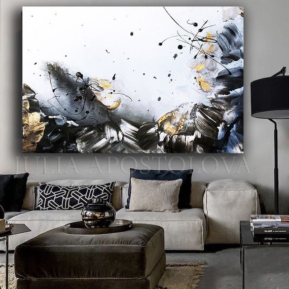 Extra Large Wall Art Gold Leaf Painting Black White Wall Art – Etsy France Within Golden Wall Art (View 5 of 15)