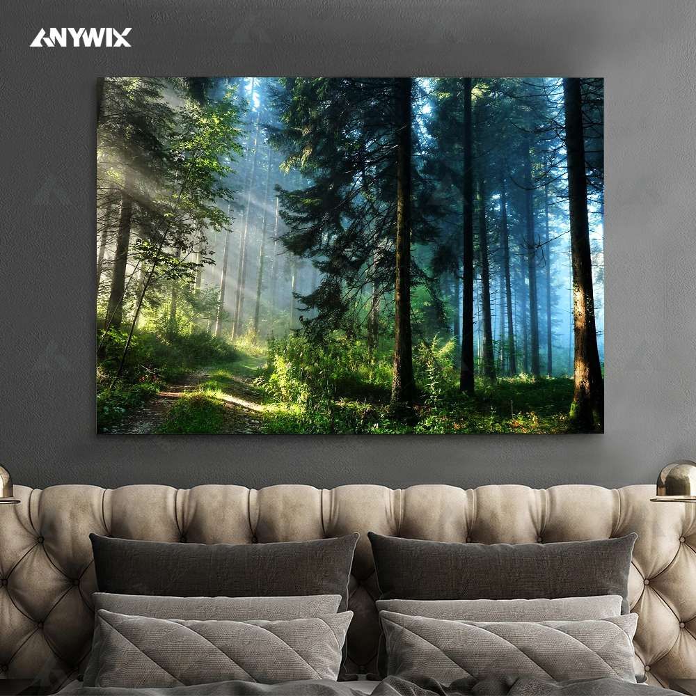 Forest Canvas Wall Art Green Tall Trees In Forest Landscape Large Sizes  Wrapped Or Framed Canvas – Anywix For Forest Wall Art (View 5 of 15)