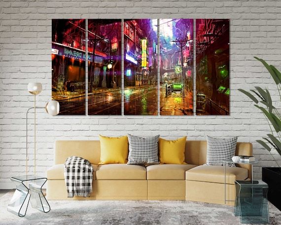 Future World Night Colorful City Wall Painting Art Futuristic – Etsy Italia Intended For Town Wall Art (View 10 of 15)