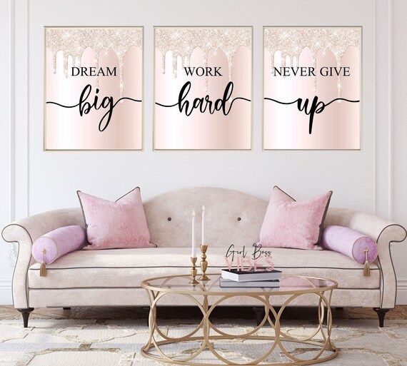 Glitter Pink Work Hard Dream Big Never Give Up 3 Pc Set – Etsy With Glitter Pink Wall Art (View 13 of 15)