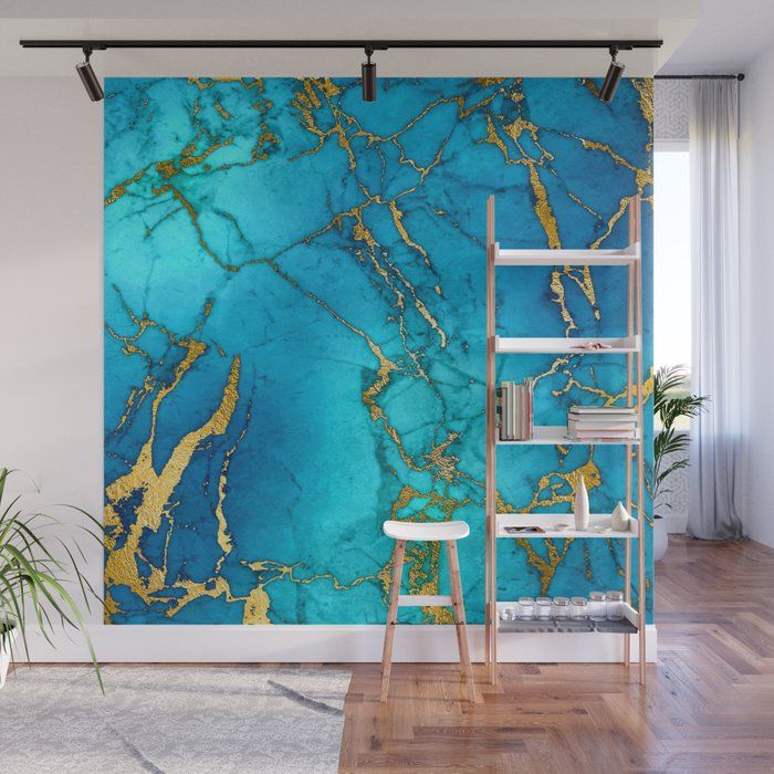 Gold And Teal Blue Indigo Malachite Marble Wall Muralutart | Society6 With Gold And Teal Wood Wall Art (View 5 of 15)