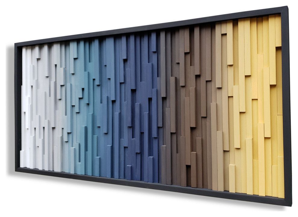 Gradient Wood Wall Decor In Blue, Gray, Brown And Golden Yellow –  Contemporary – Wall Accents  Shari Butalla | Houzz Inside Blue Wood Wall Art (View 11 of 15)