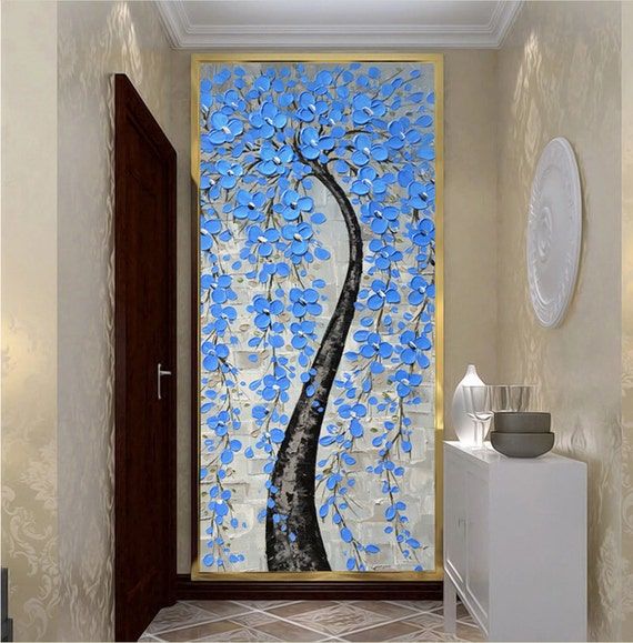 Hand Painted Light Blue Flower Tree Wall Art Picture For – Etsy With Hand Drawn Wall Art (View 12 of 15)