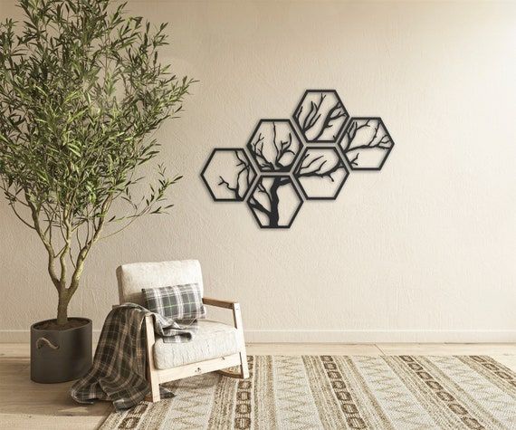 Hexagon Tree 6 Pieces 4 Metal Wall Art Décoration Murale En – Etsy France With Regard To Hexagons Wall Art (View 6 of 15)