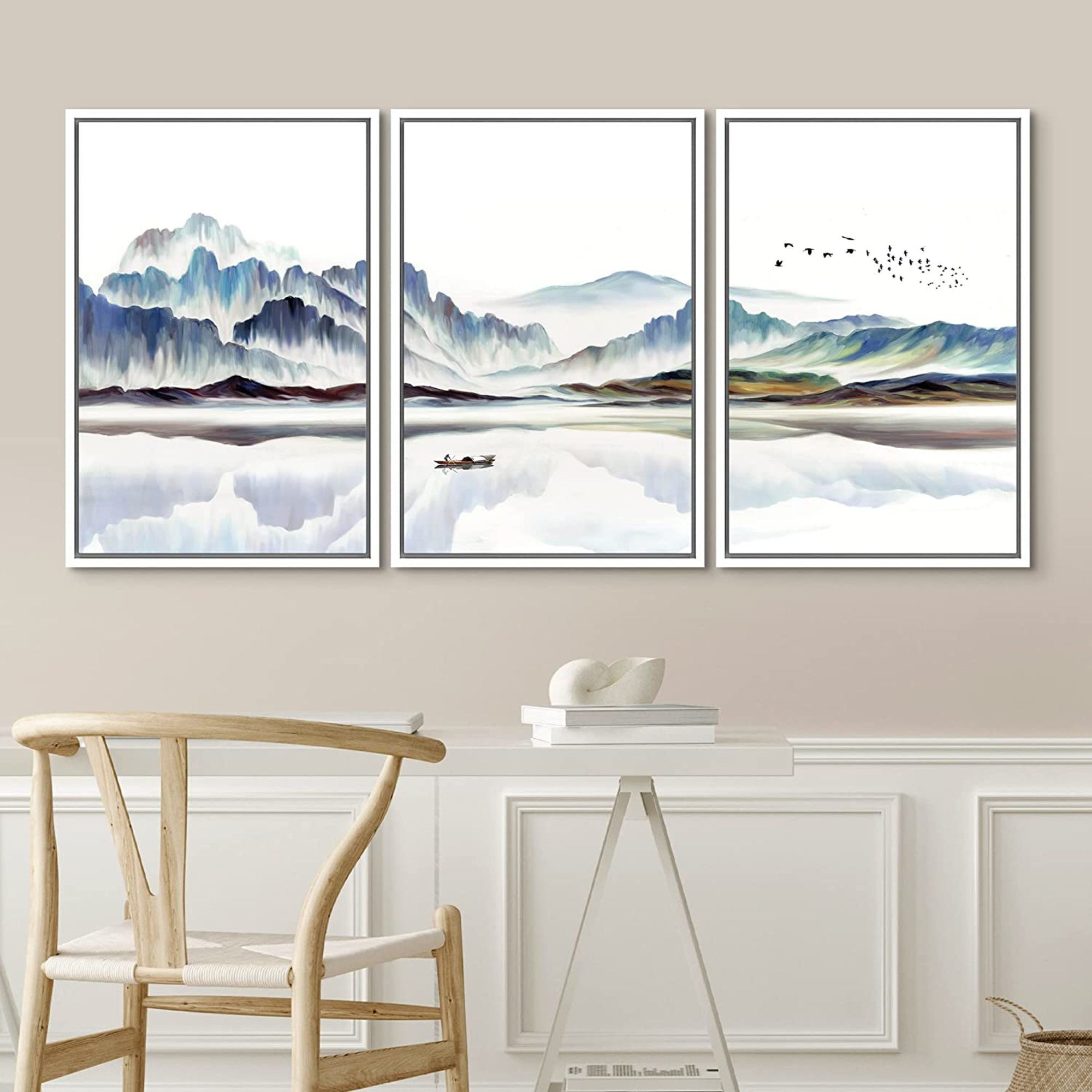 Idea4wall Framed Wall Art Print Set Watercolor Mountain Lake Landscape With  Boat Nature Wilderness Illustrations Modern Art Rustic Colorful Pastel For  Living Room, Bedroom, Office – 3 Piece Floater Frame Print On With Regard To Mountain Lake Wall Art (View 8 of 15)