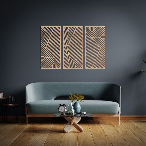 Large Geometric Wood Wall Art Set Of 3 Abstract Wall Panel – Etsy Intended For Abstract Modern Wood Wall Art (View 3 of 15)