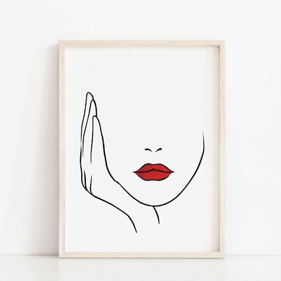 Line Art Woman Red Lips Printable Wall Decor Minimalist – Etsy Italia With Regard To Lines Wall Art (View 8 of 15)