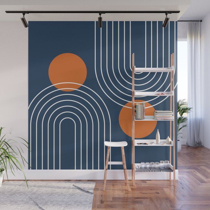 Mid Century Modern Geometric 83 In Navy Blue And Orange (rainbow And Sun  Abstraction) Wall Muralnineflorals | Society6 For Sun Abstraction Wall Art (View 9 of 15)
