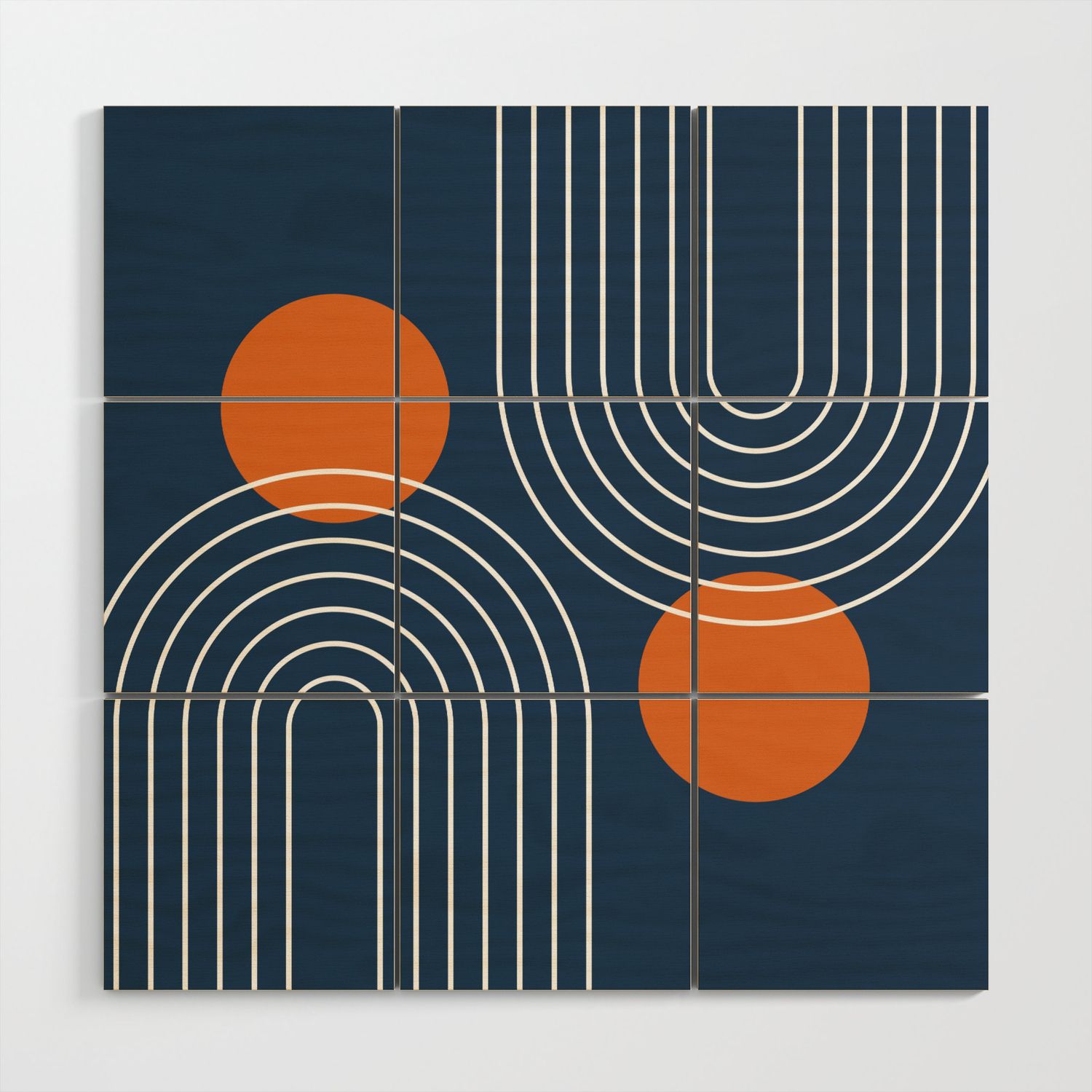 Mid Century Modern Geometric 83 In Navy Blue And Orange (rainbow And Sun  Abstraction) Wood Wall Artnineflorals | Society6 Pertaining To Sun Abstraction Wall Art (View 4 of 15)