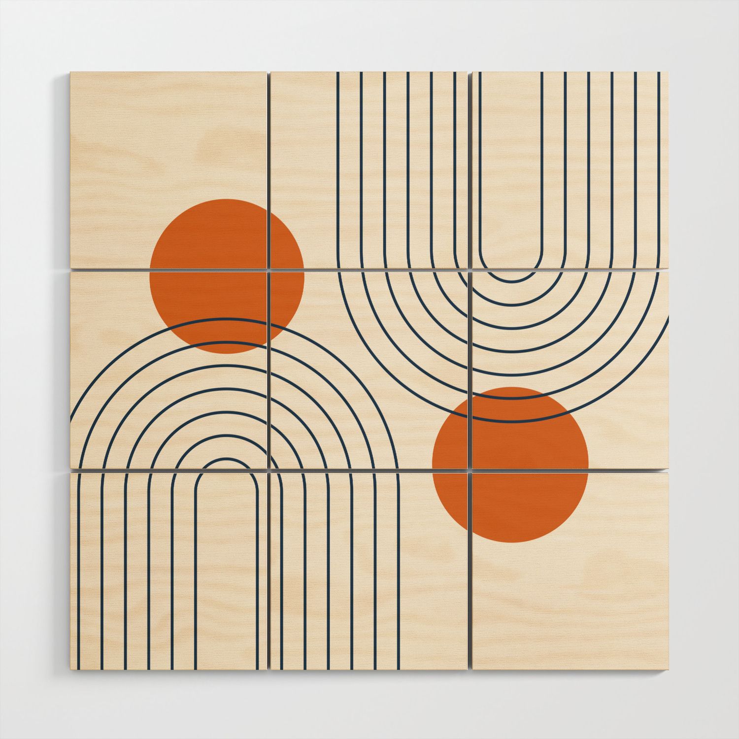 Mid Century Modern Geometric 88 In Navy Blue And Orange (rainbow And Sun  Abstraction) Wood Wall Artnineflorals | Society6 With Sun Abstraction Wall Art (View 13 of 15)