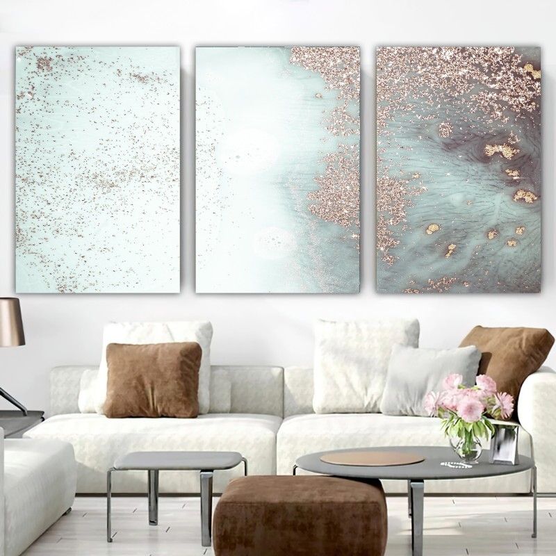 Modern Canvas Wall Art, Pink Gold Abstract Painting, Water Flow Shape  Modern Home Decor, Ready To Hang 3 Piece Pertaining To Abstract Flow Wall Art (View 3 of 15)