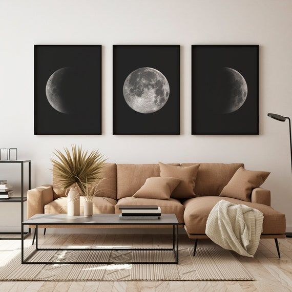 Moon Wall Decor Set Of 3 Printable Moon Moon Phases Wall – Etsy Uk Intended For The Moon Wall Art (View 1 of 15)