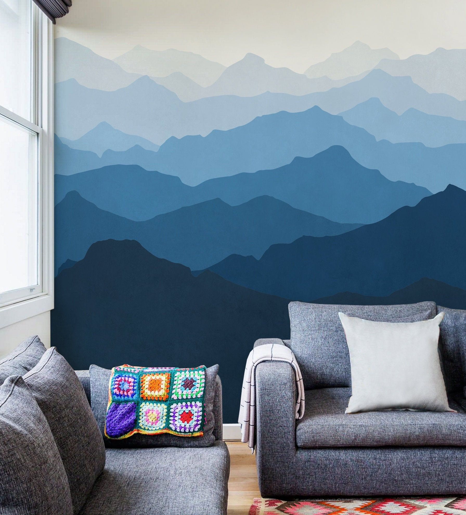 Mountain Mural Wallpaper Ocean Blue Ombre Mountain Extra – Etsy For Mountains Wall Art (View 9 of 15)