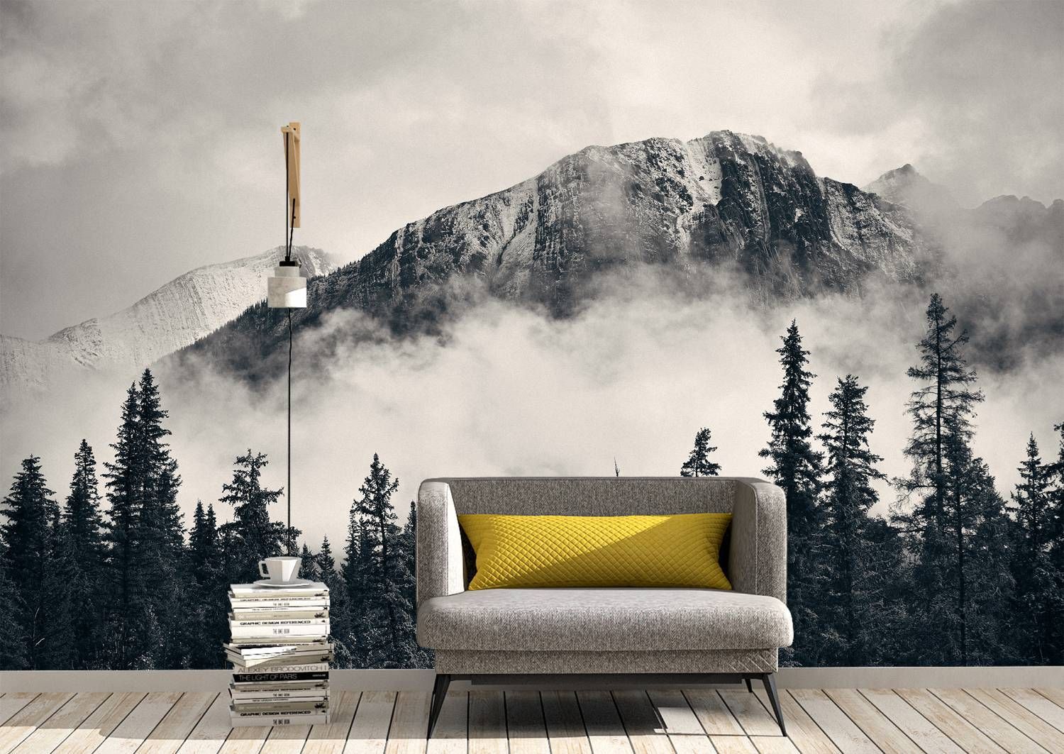 Mountains And Forest In Fog Wall Mural Wallpaper  Blue Side Studio Regarding Mountains In The Fog Wall Art (View 11 of 15)