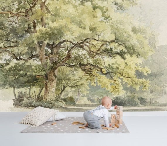 Near The Big Tree Wall Mural Vintage Wallpaper Hand Painted – Etsy In Hand Drawn Wall Art (View 7 of 15)