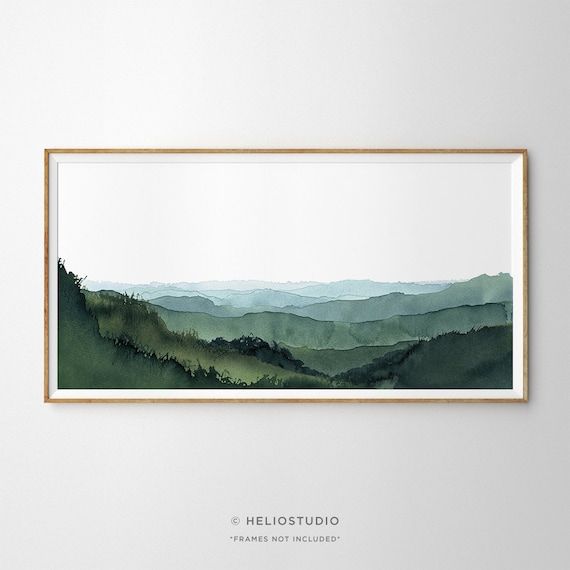 Panoramic Blue Green Mountain Valley Watercolour Art Print (View 4 of 15)