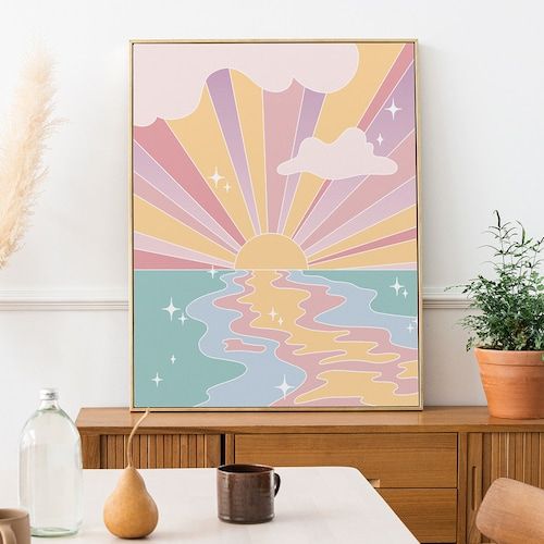 Pastel Sunset Poster Aesthetic Poster Sun Rays Beach Print – Etsy With Regard To Pastel Sunset Wall Art (View 5 of 15)